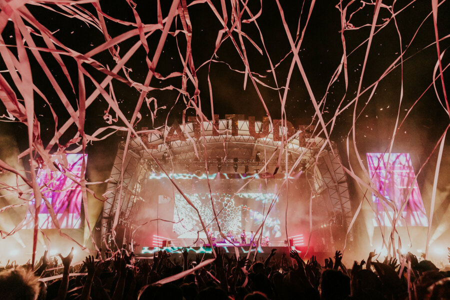 image of the obelisk arena, with pink streamers flying around