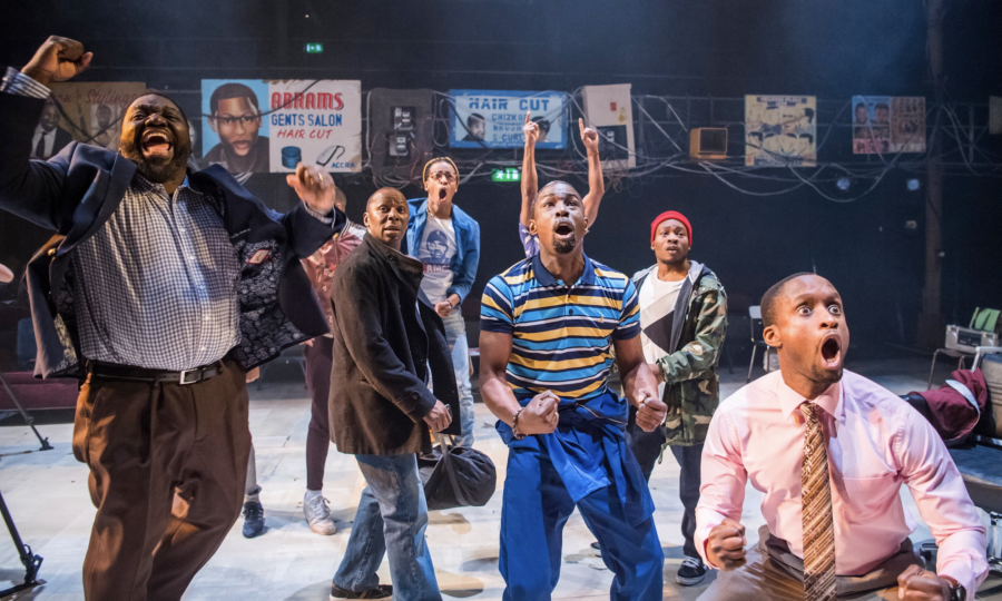 The cast in Barber Shop Chronicles at the Dorfman, National Theatre, London, in 2017. Photograph: Tristram Kenton/The Guardian